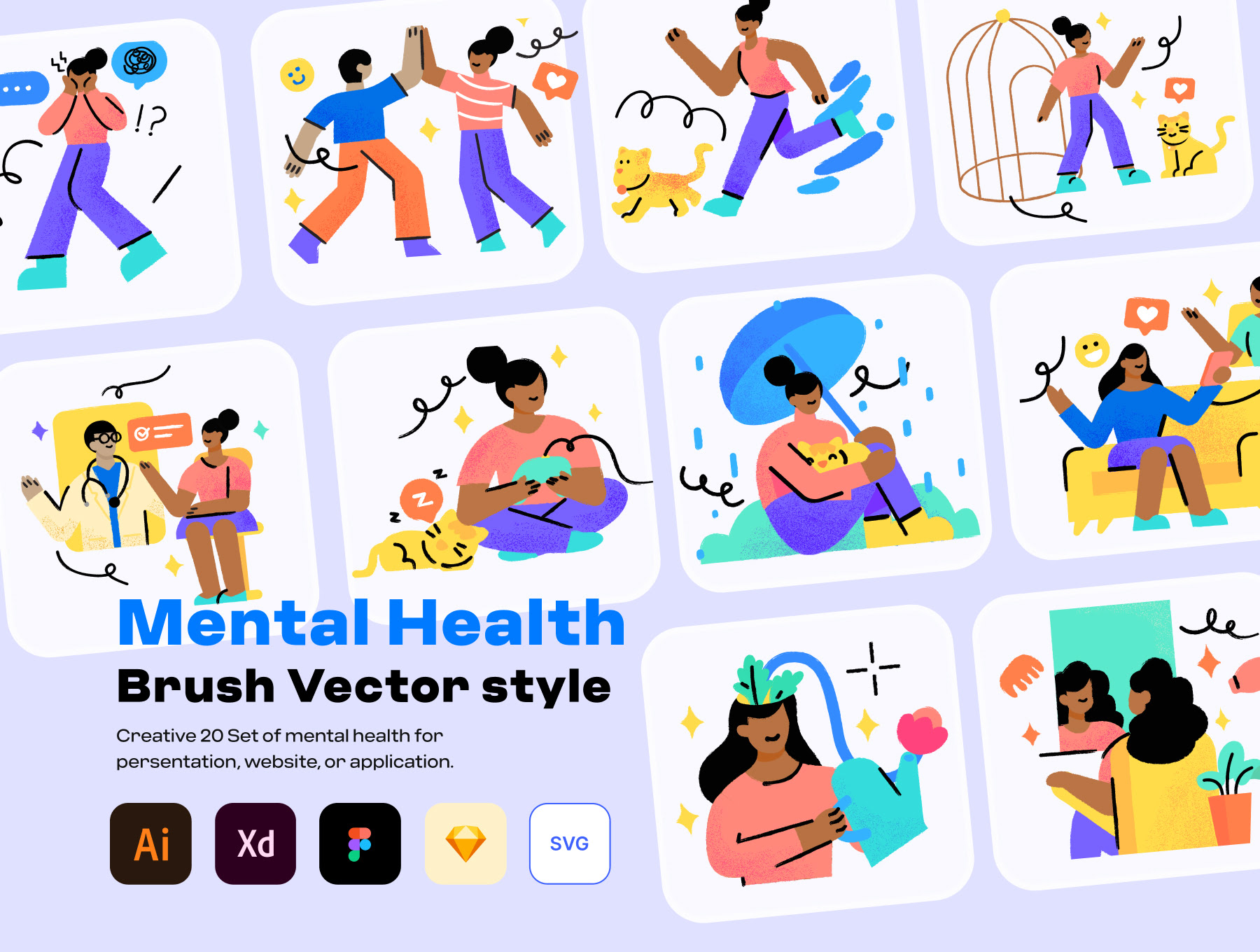 心理健康-刷子矢量插图 Mental Health - Brush Vector Illustration ai, eps, svg格式-插画-到位啦UI